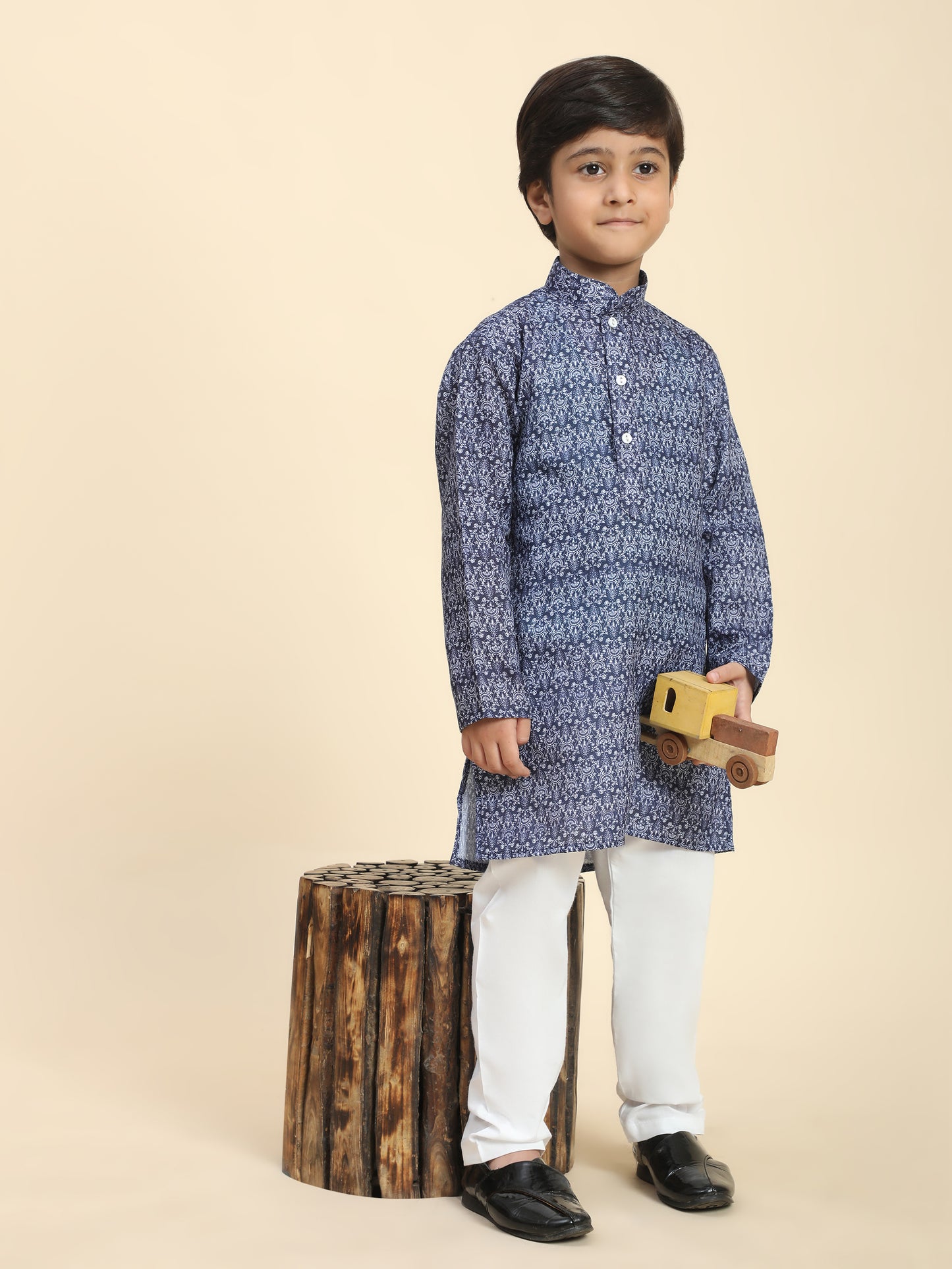 Pro-Ethic Style Developer Boys Cotton Kurta Pajama for Kid's Floral Traditiona Dress (Navy Blue)