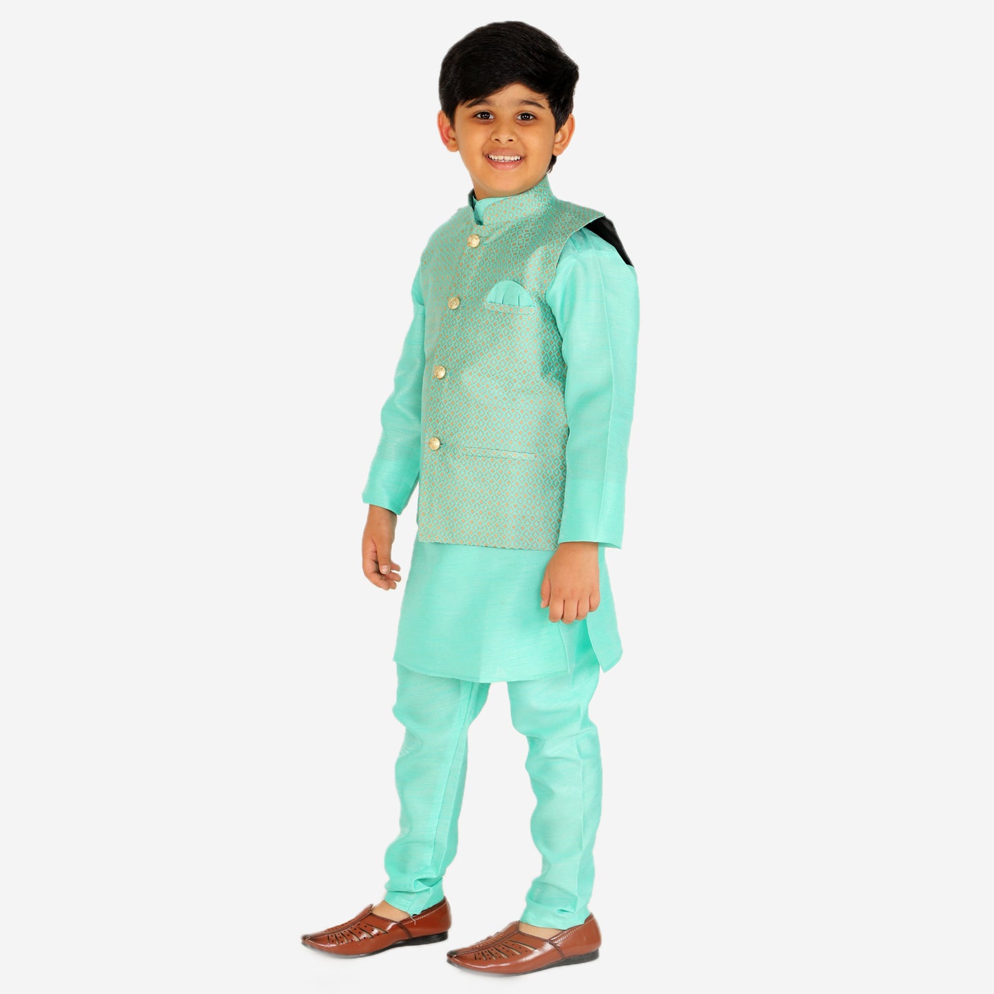 Pro Ethic Kurta Pajama For Boys With Waist Coat Silk Box Pattern Green (S-210)