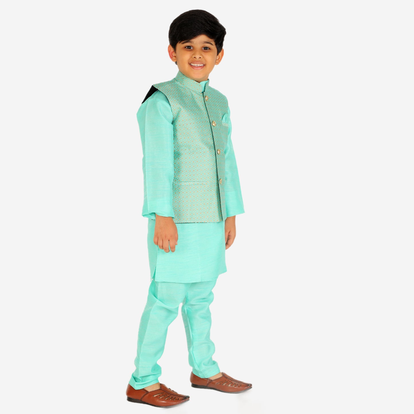 Pro Ethic Kurta Pajama For Boys With Waist Coat Silk Box Pattern Green (S-210)