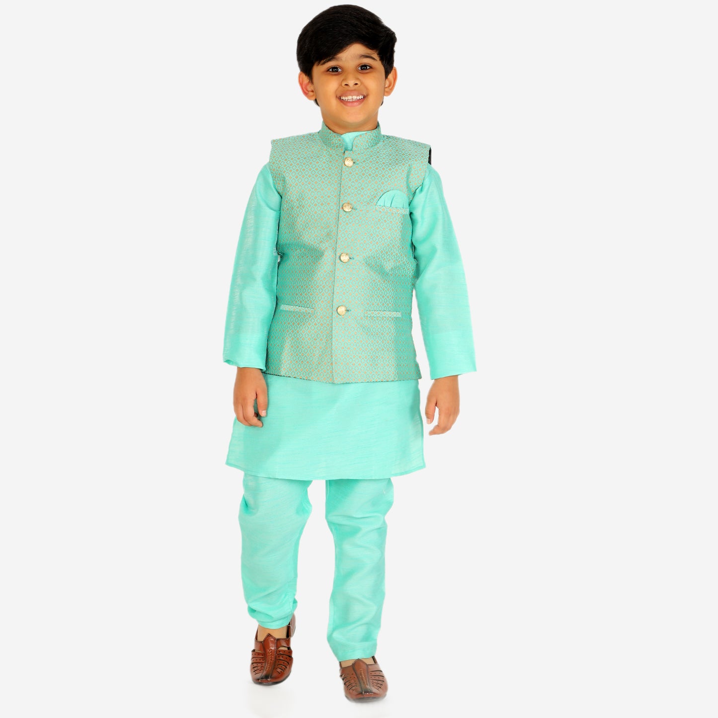 Pro Ethic Kurta Pajama For Boys With Waist Coat Silk Box Pattern Green (S-210)