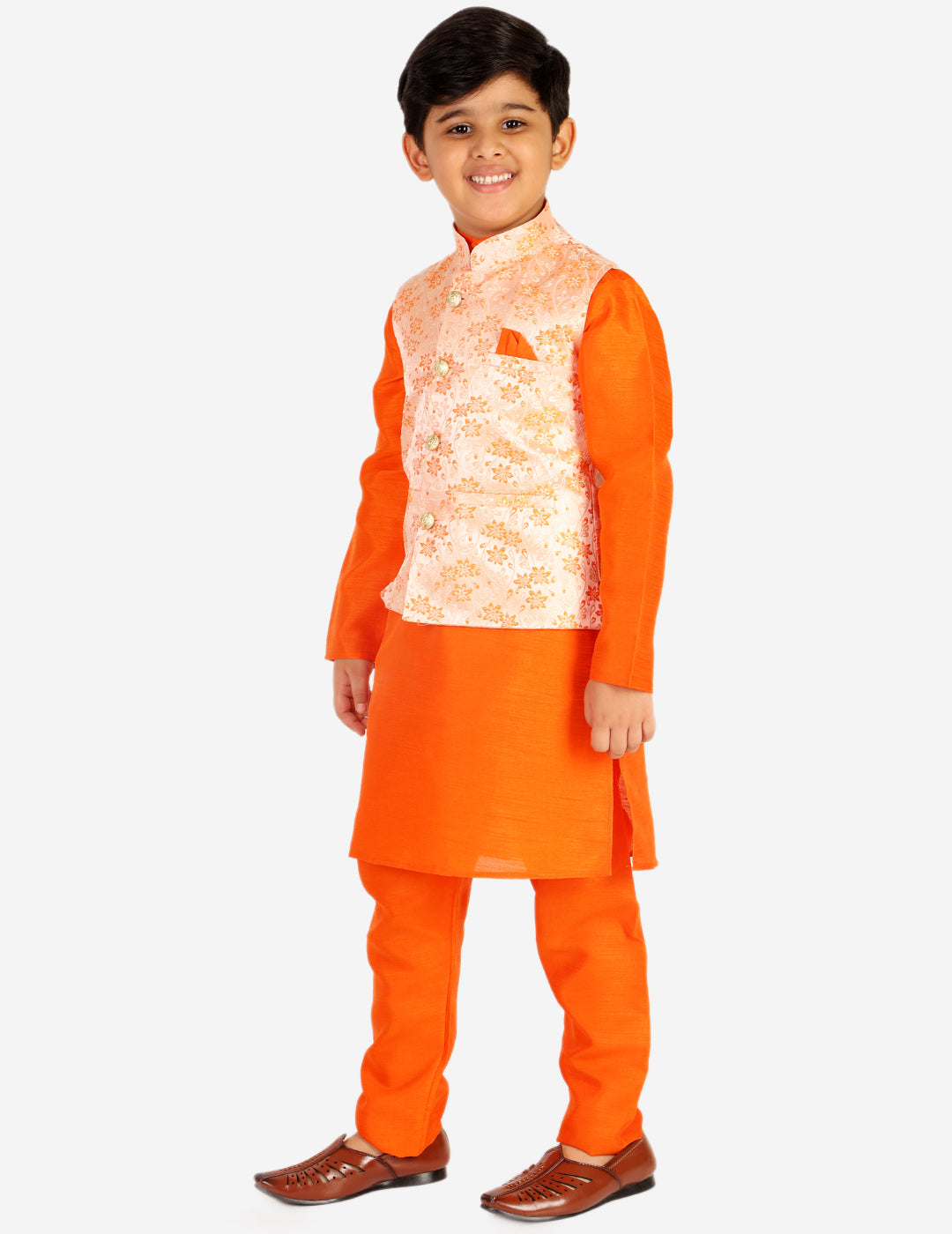 Pro Ethic Boys Kurta Pajama & Waistcoat  Set Silk Floral Design Orange (S-176)