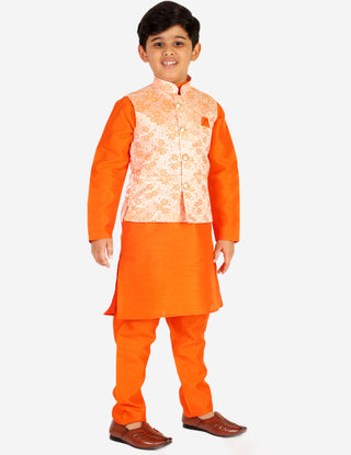 Pro Ethic Boys Kurta Pajama & Waistcoat  Set Silk Floral Design Orange (S-176)