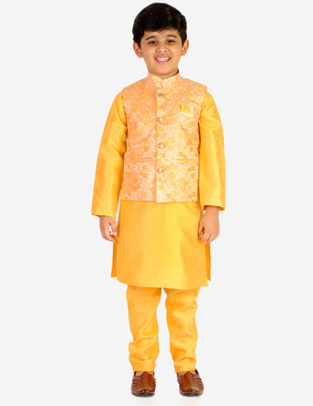 Pro Ethic Boys Kurta Pajama & Waistcoat Set Silk Floral Design Yellow (S-176)