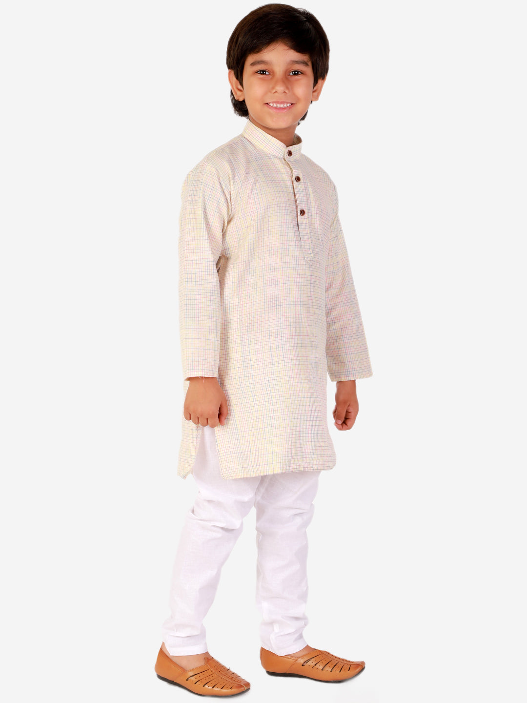 Pro Ethic Cotton Kurta Pajama For Boys Cream Checked S-155