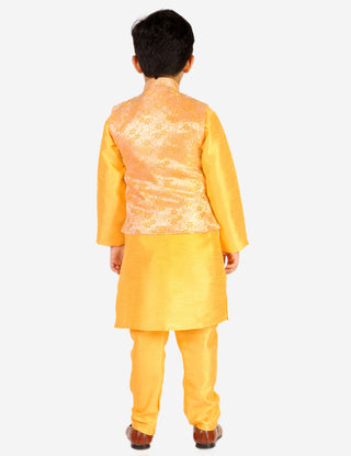 Pro Ethic Boys Kurta Pajama & Waistcoat Set Silk Floral Design Yellow (S-176)