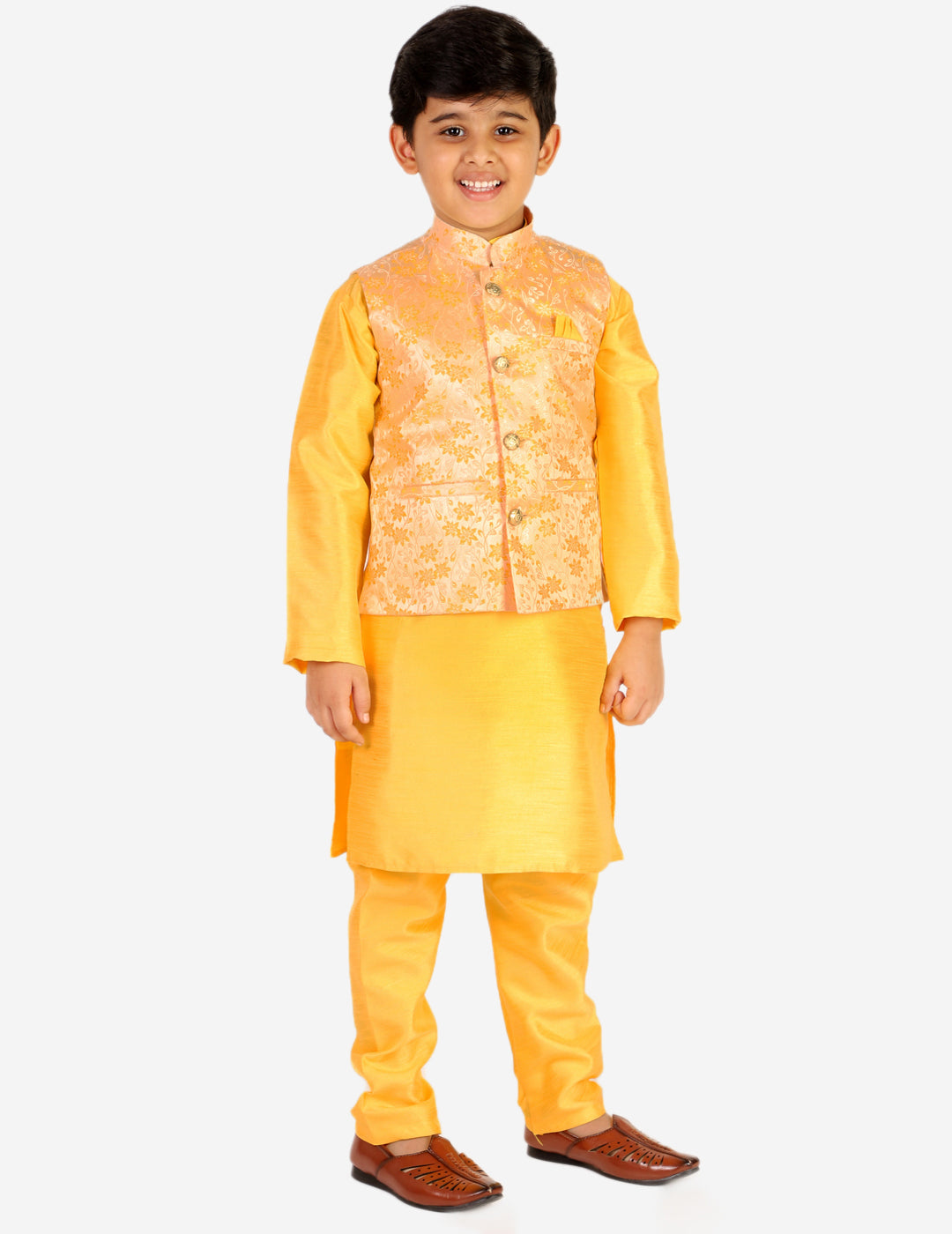 Pro Ethic Boys Kurta Pajama & Waistcoat Set Silk Floral Design Yellow (S-176)