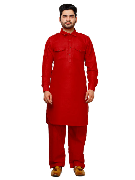 Pro Ethic Men's Pathani Kurta pajama set - Solid | Cotton | Red | (A-116)