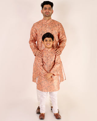 Father Son Kurta Pajama Same Dress Ethnic Wear Light Orange 