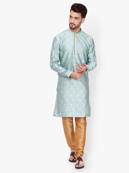 Pro Ethic Men's Kurta pajama set - Mandarin Collar | Silk | Turquoise | (A-115)