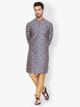 Pro-Ethic Men's Kurta Pajama Silk | Mandarin Collar | Floral Print | Navy Blue (A-110)
