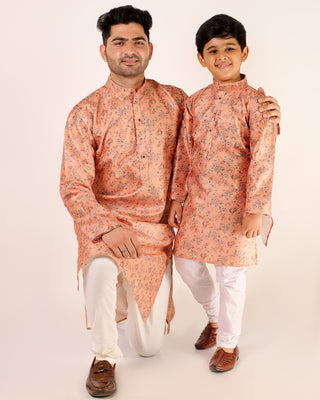 Father Son Kurta Pajama Same Dress Ethnic Wear Light Orange 
