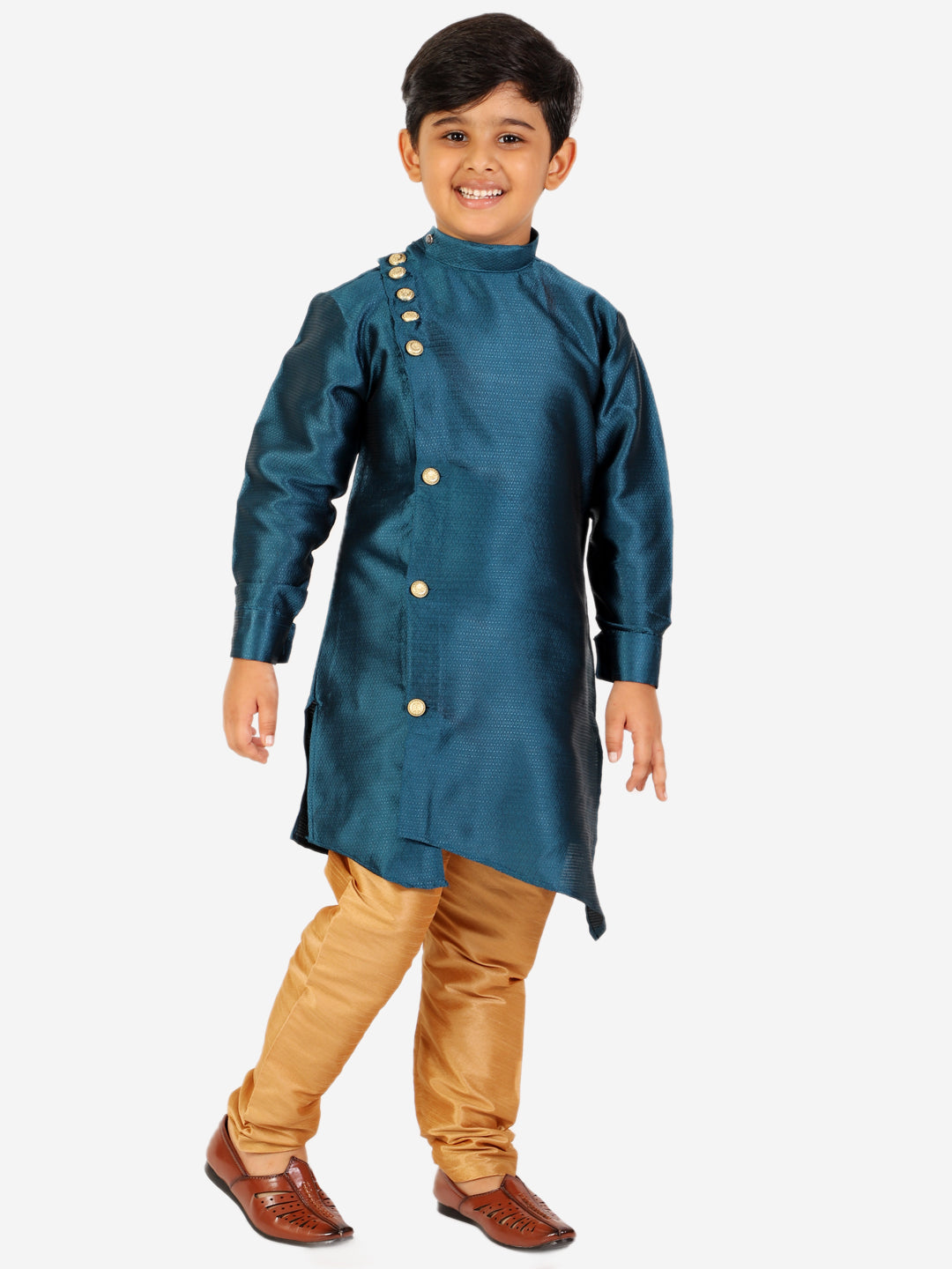 Pro Ethic Boy's Silk Jacquard Style Teal Green Kurta Pajama Set (S-162)