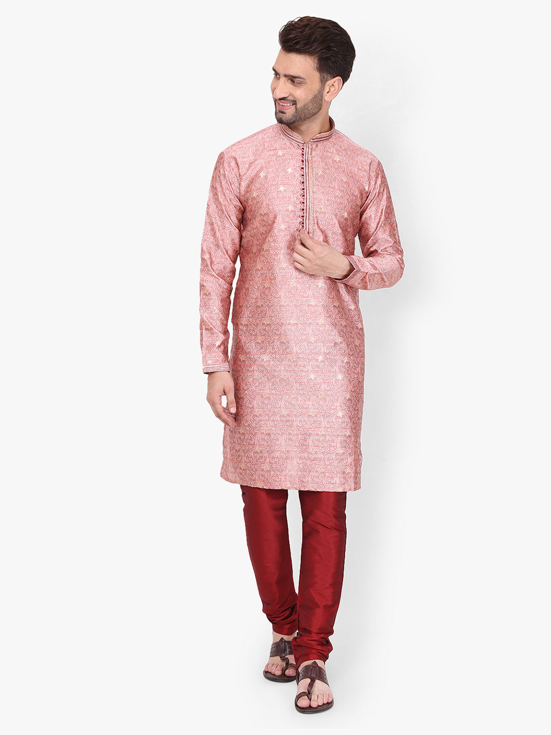 Pro Ethic Men's Kurta pajama set - Mandarin Collar | Silk | Pink | (A-115)