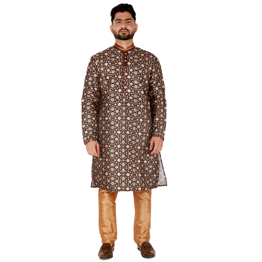 Pro-Ethic Men's Silk Kurta Pajama | Mandarin Collar | Floral Print | Black (A-110) Pro Ethic