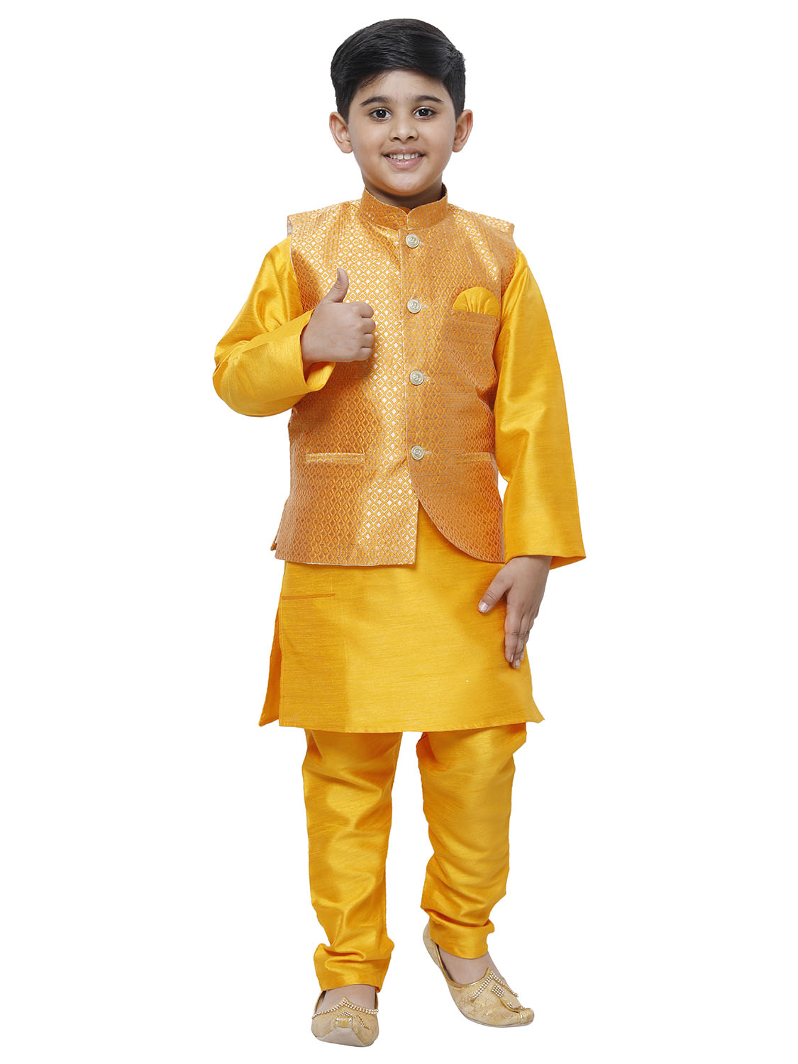 Pro Ethic Kurta Pajama For Boys With Waist Coat Silk Floral Pattern Orange (S-214)