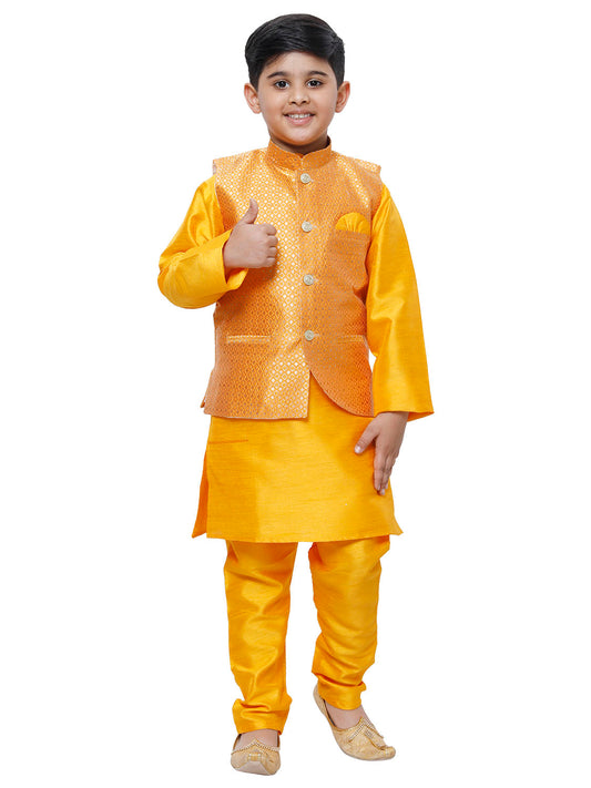 Pro Ethic Kurta Pajama For Boys With Waist Coat Silk Floral Pattern Orange (S-214)