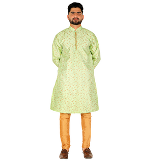 Pro-Ethic Men's Kurta Pajama Silk | Mandarin Collar | Floral Print | Green (A-111)
