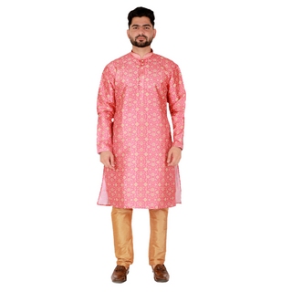 Pro-Ethic Men's Kurta Pajama Silk | Mandarin Collar | Floral Print | Pink (A-110)