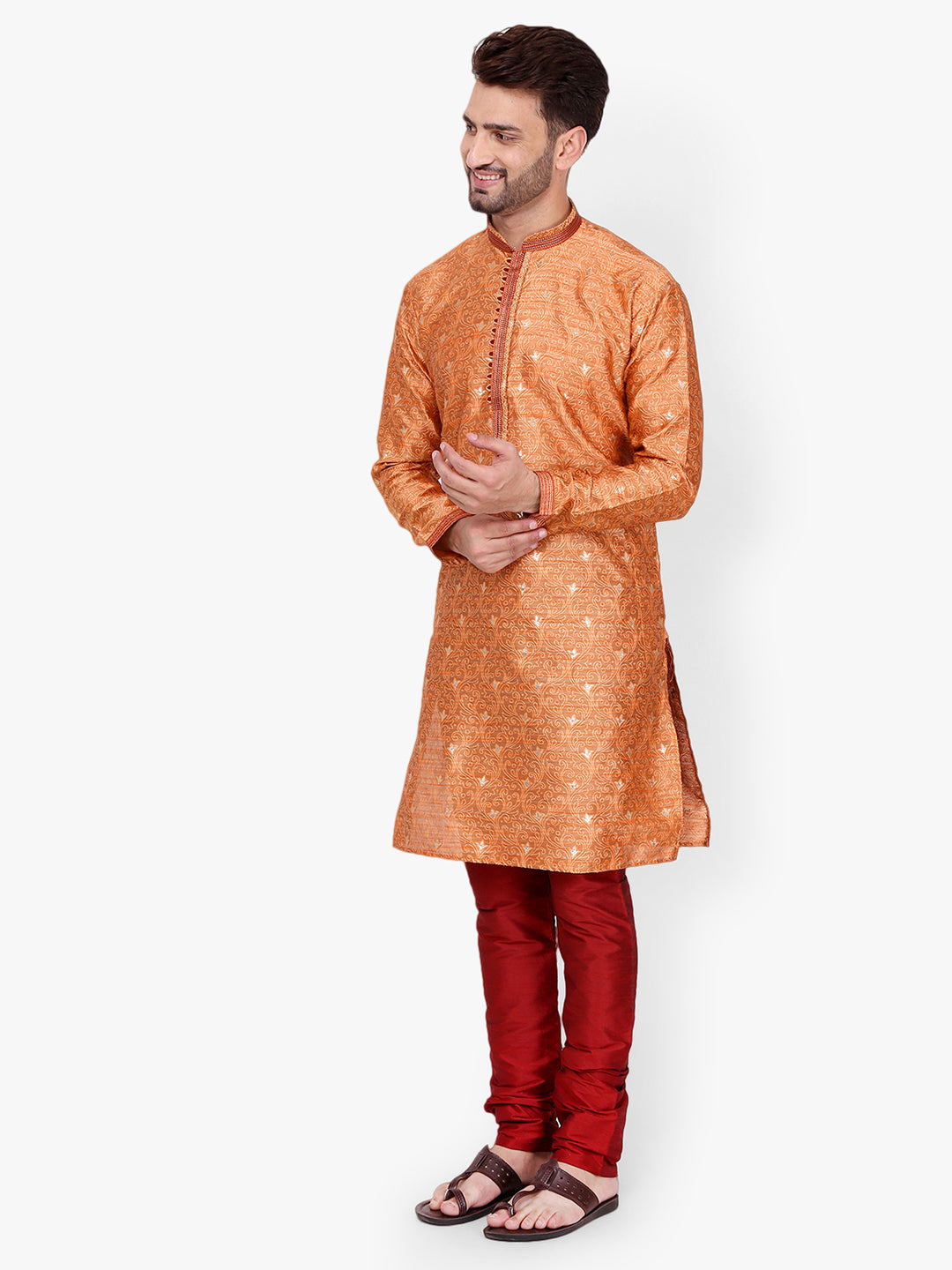 Pro Ethic Men's Kurta pajama set - Mandarin Collar | Silk | Orange | (A-115)