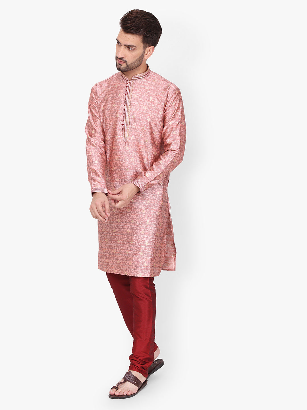 Pro Ethic Men's Kurta pajama set - Mandarin Collar | Silk | Pink | (A-115)