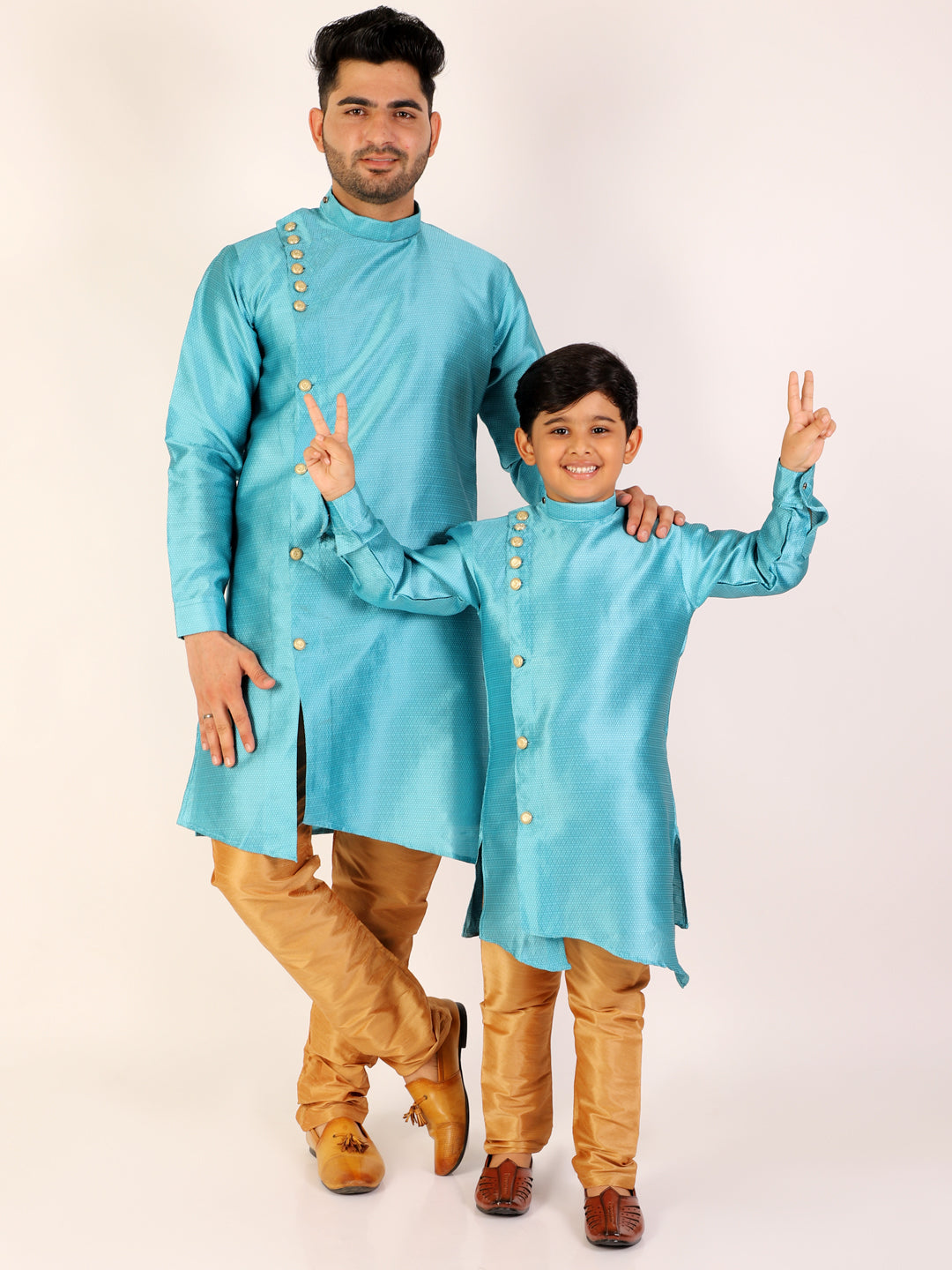 Pro Ethic Men's Firozi Silk Father Son Matching Kurta Pajama Outfits B102