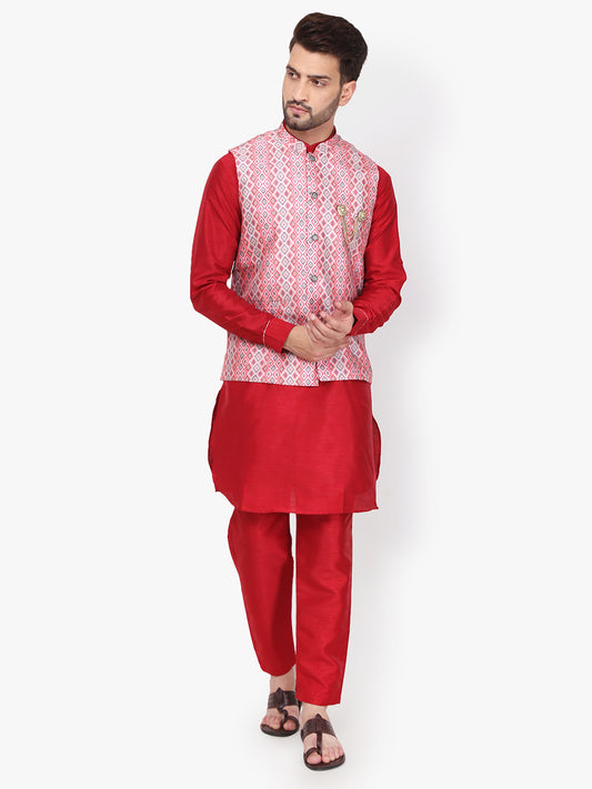 Pro-Ethic Silk Kurta Pajama With Jacket For Men | Red (C-102)