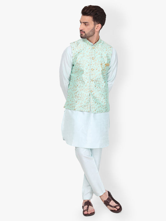 Pro-Ethic Style Developer Silk Kurta Pajama With Jacket For Men | Sky Blue (C-101)