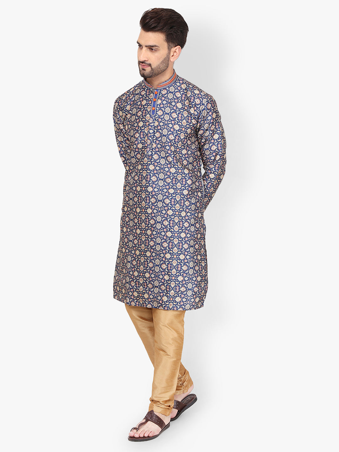 Pro-Ethic Men's Kurta Pajama Silk | Mandarin Collar | Floral Print | Navy Blue (A-110)