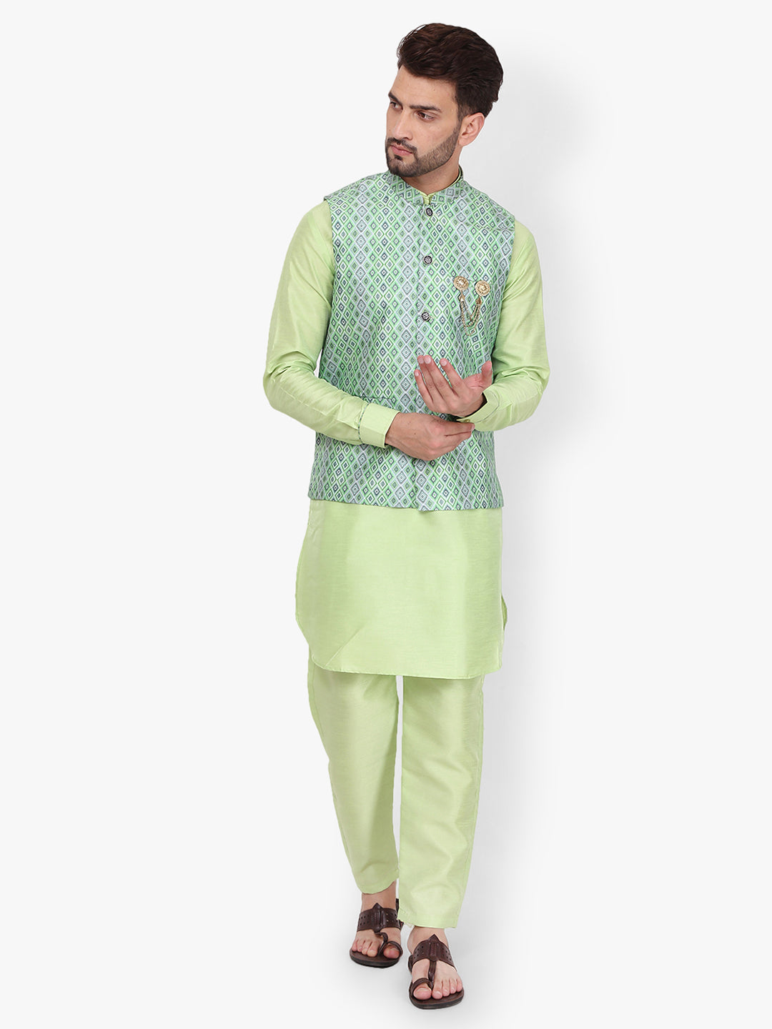 Modi Jacket for Men Customized Kurta Pajama with Jacket White Peas Green  KLP-MDJT-54-54011 – iBuyFromIndia