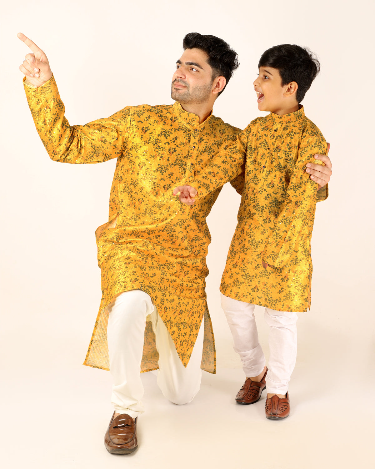 Father Son Kurta Pajama Same Dress Ethnic Wear Yellow