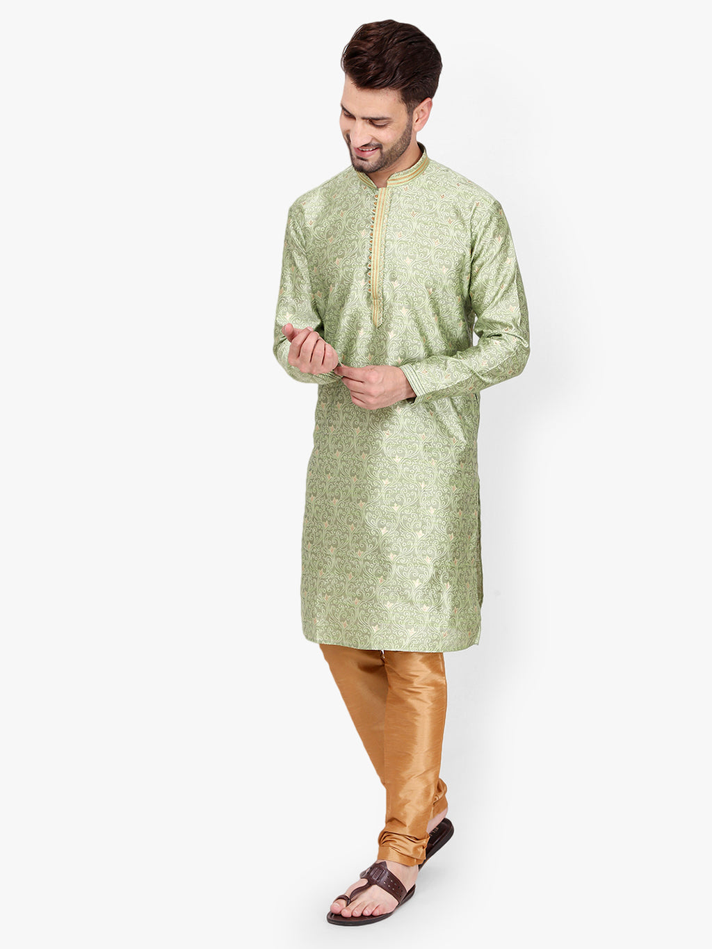 Pro Ethic Men's Kurta pajama set - Mandarin Collar | Silk | Green | (A-115)