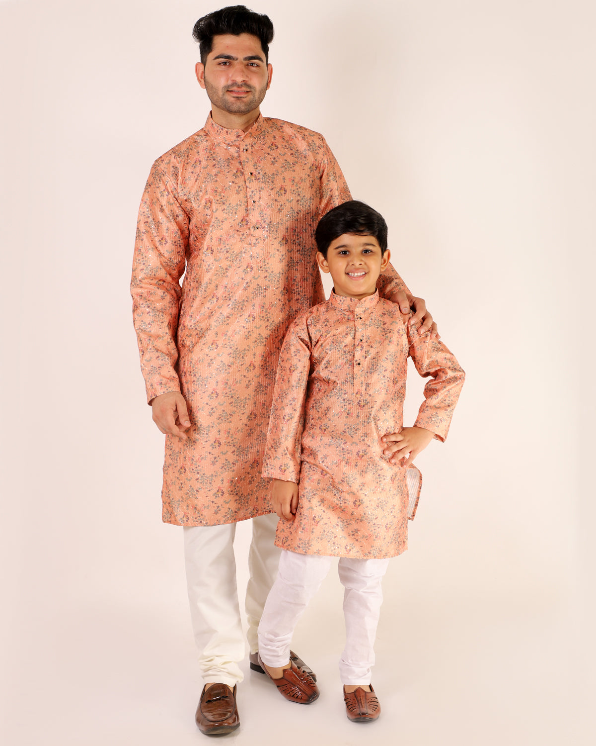 Father Son Kurta Pajama Same Dress Ethnic Wear Light Orange 