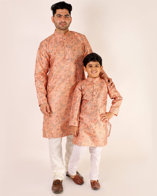 Father Son Kurta Pajama Same Dress Ethnic Wear Light Orange 