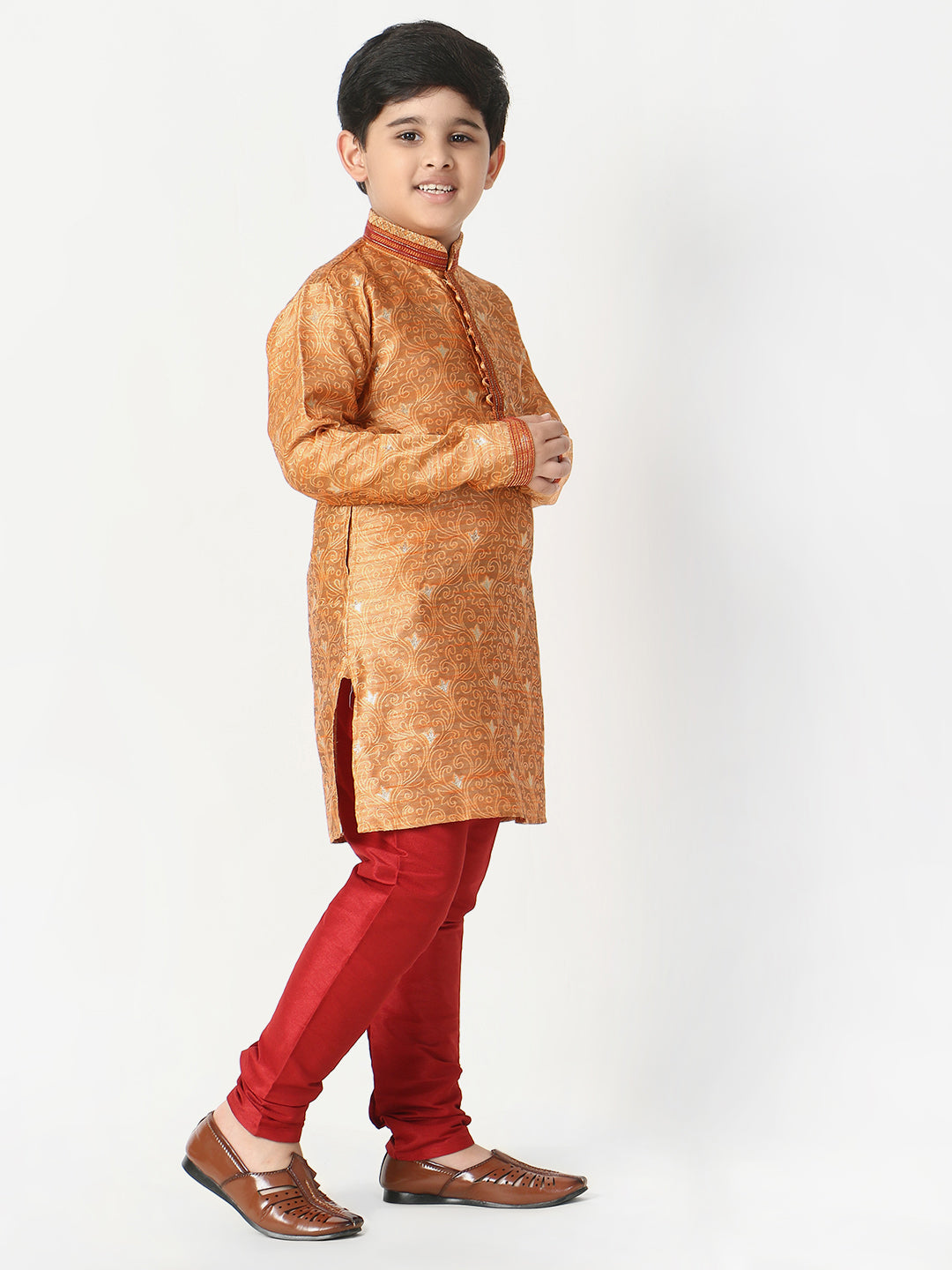 Pro Ethic Silk Kurta Pajama For Boys Orange Floral Print S-207