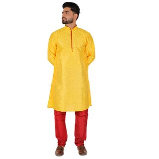 Pro-Ethic Men's Kurta Pajama Silk | Mandarin Collar | Floral Print | Yellow (A-111)