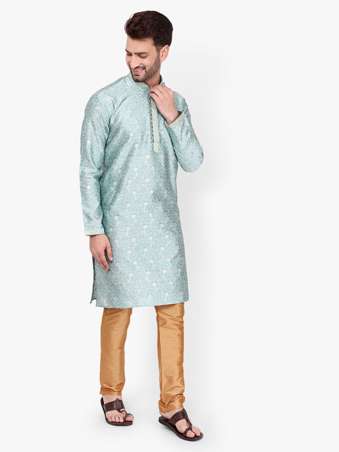 Pro Ethic Men's Kurta pajama set - Mandarin Collar | Silk | Turquoise | (A-115)