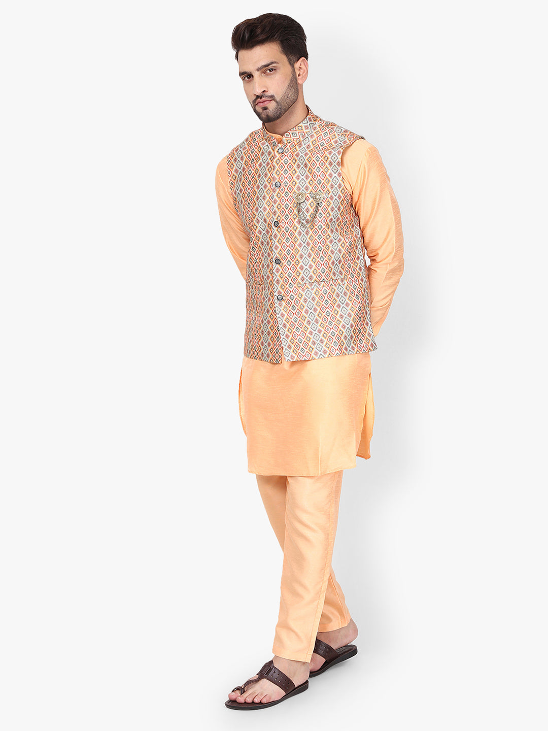 Pro-Ethic Style Developer Silk Kurta Pajama With Jacket For Men | Gold (C-102)