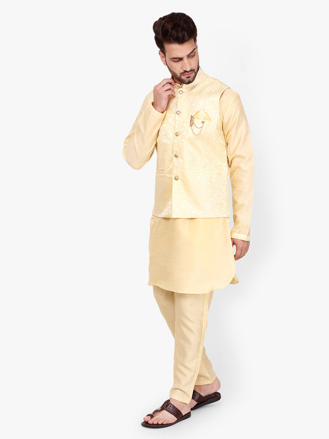 Pro-Ethic Silk Kurta Pajama With Jacket For Men | Yellow (C-104)