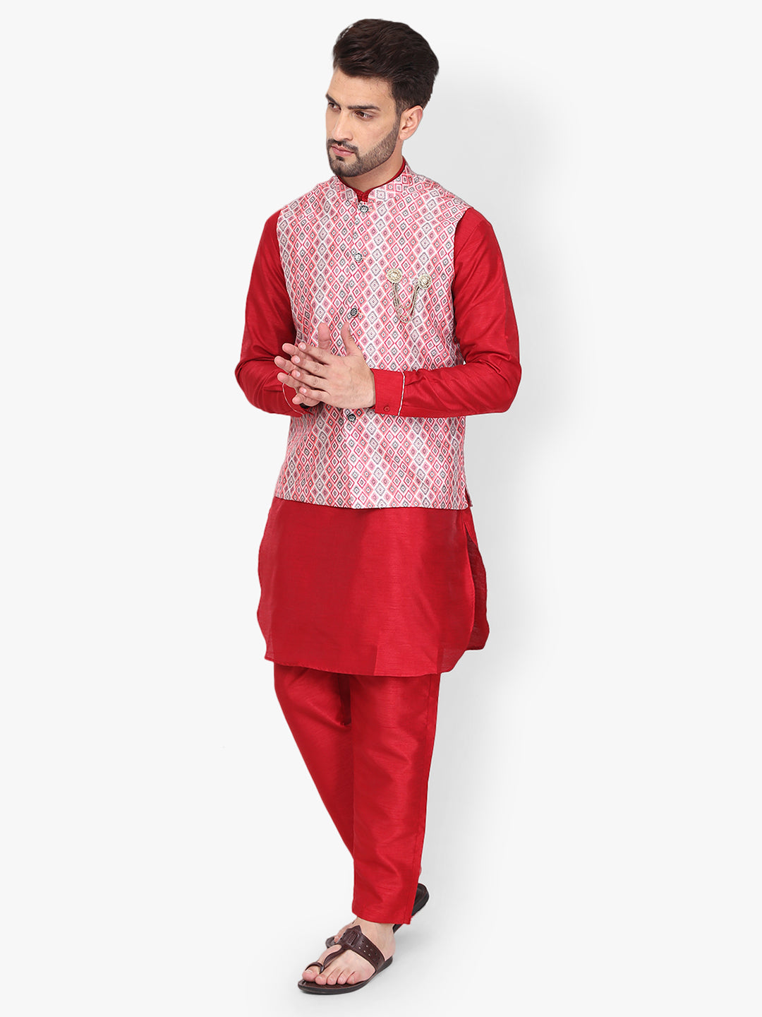 Pro-Ethic Silk Kurta Pajama With Jacket For Men | Red (C-102)