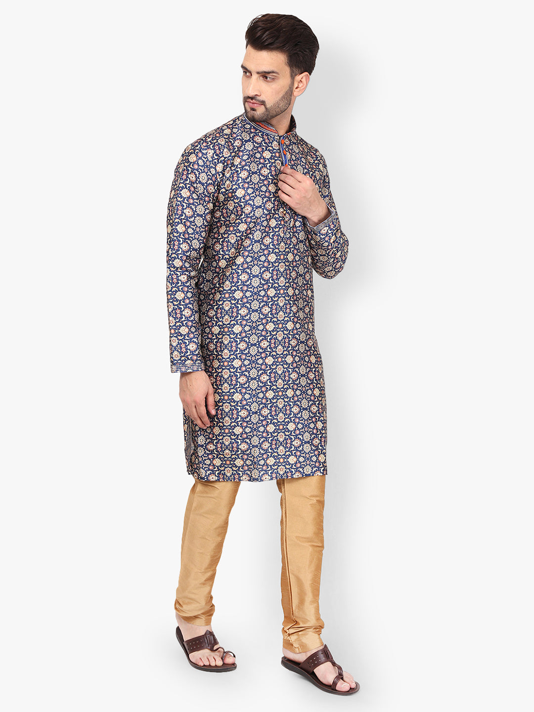 Pro-Ethic Men's Kurta Pajama Silk | Mandarin Collar | Floral Print | Navy Blue (A-110)