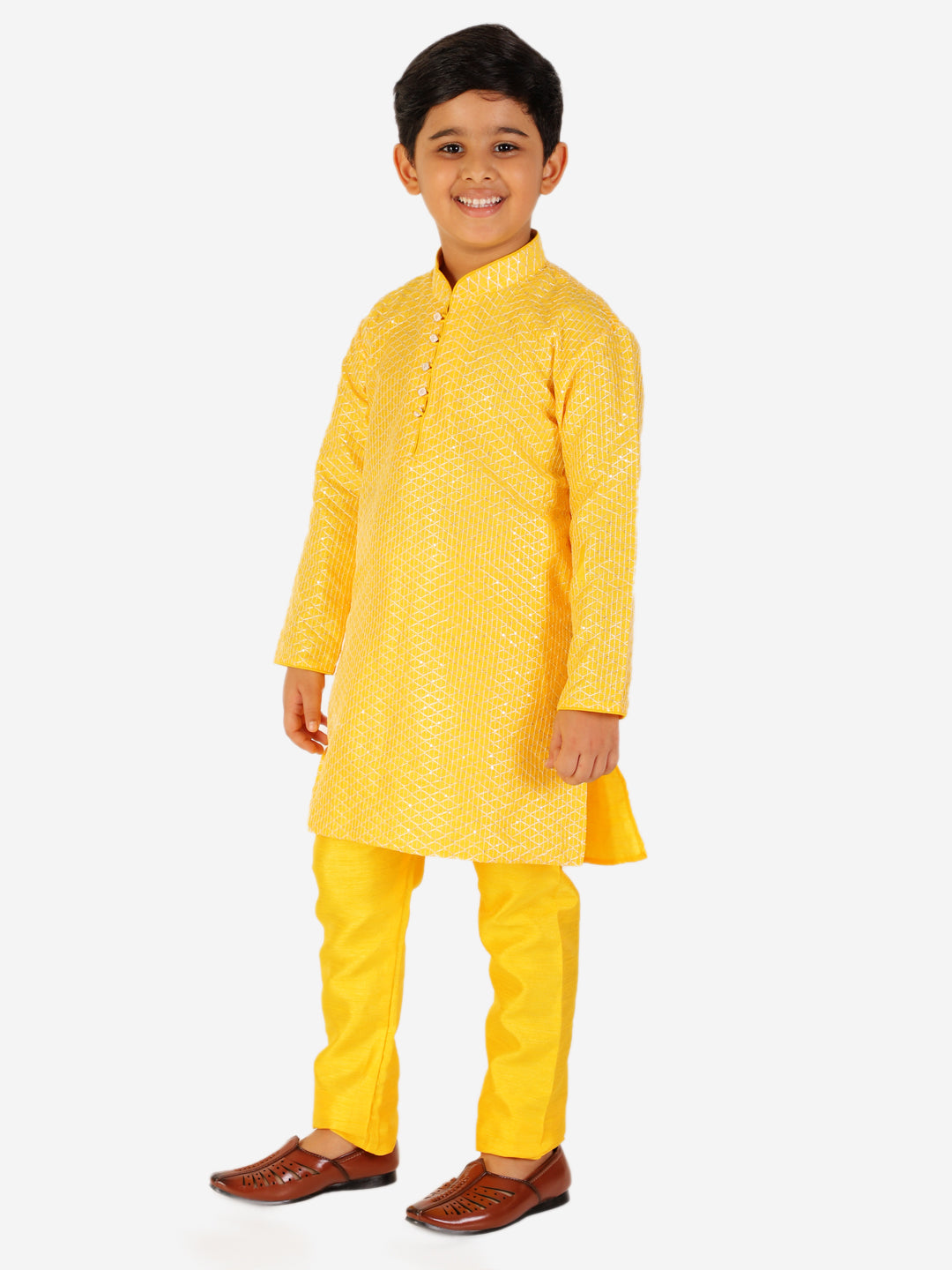 Pro Ethic Boy's Silk Jacquard Yellow Kurta Pajama Set (S-161)