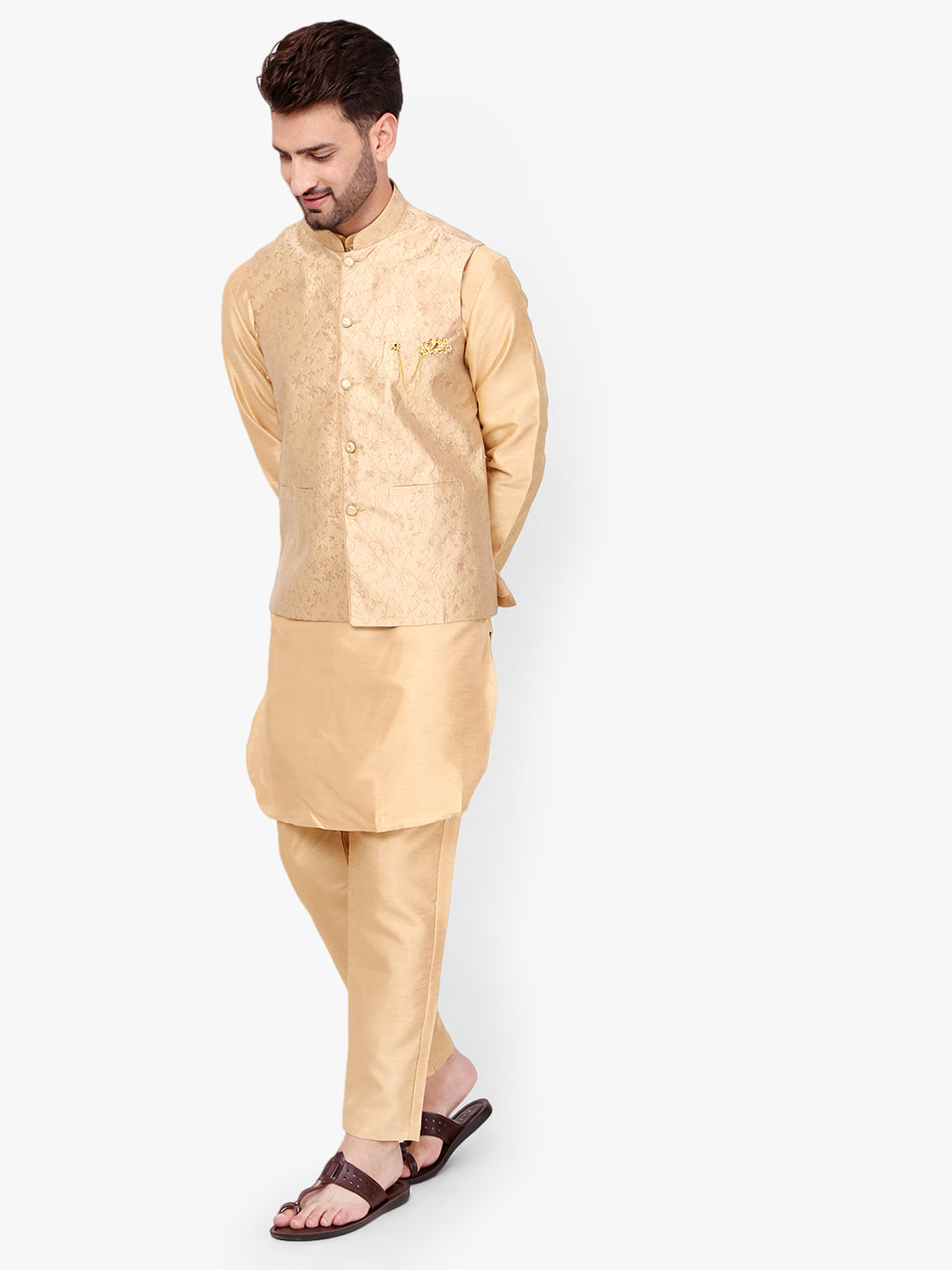 Pro-Ethic Style Developer Silk Kurta Pajama With Jacket For Men | Brown (C-101)