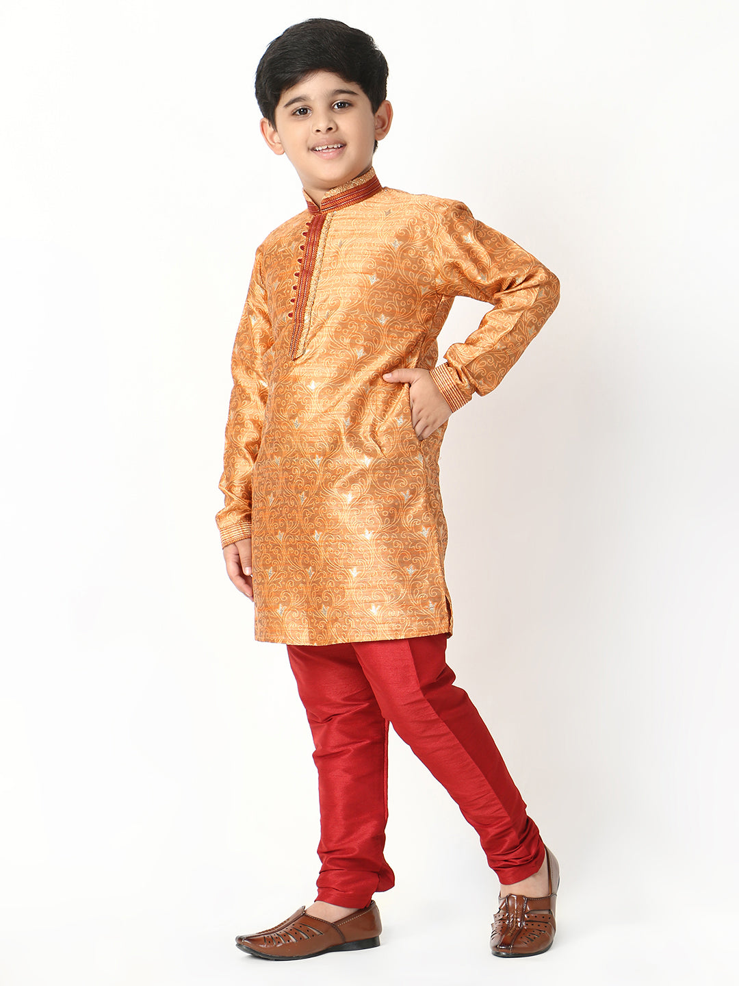 Pro Ethic Silk Kurta Pajama For Boys Orange Floral Print S-207