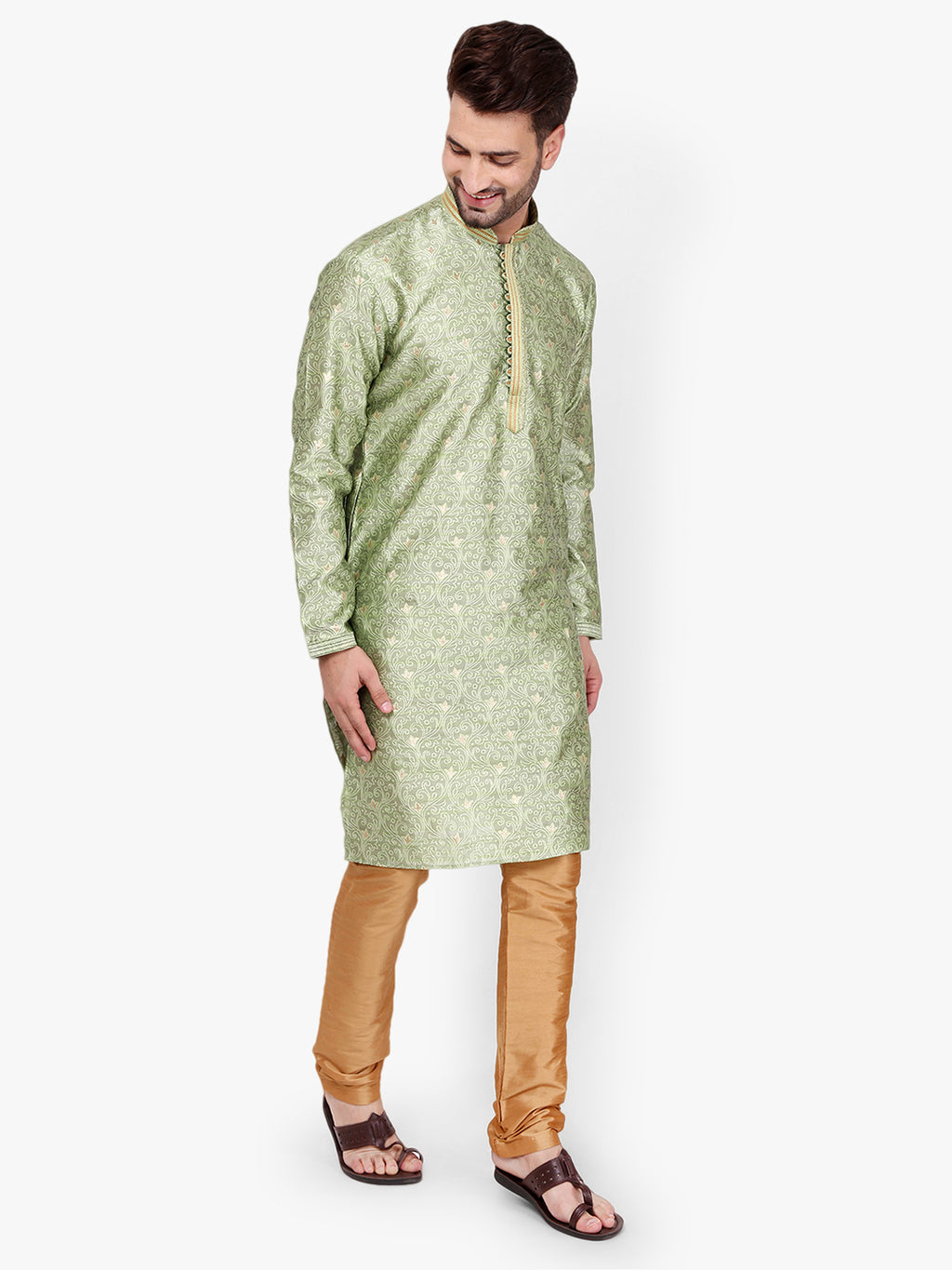 Pro Ethic Men's Kurta pajama set - Mandarin Collar | Silk | Green | (A-115)
