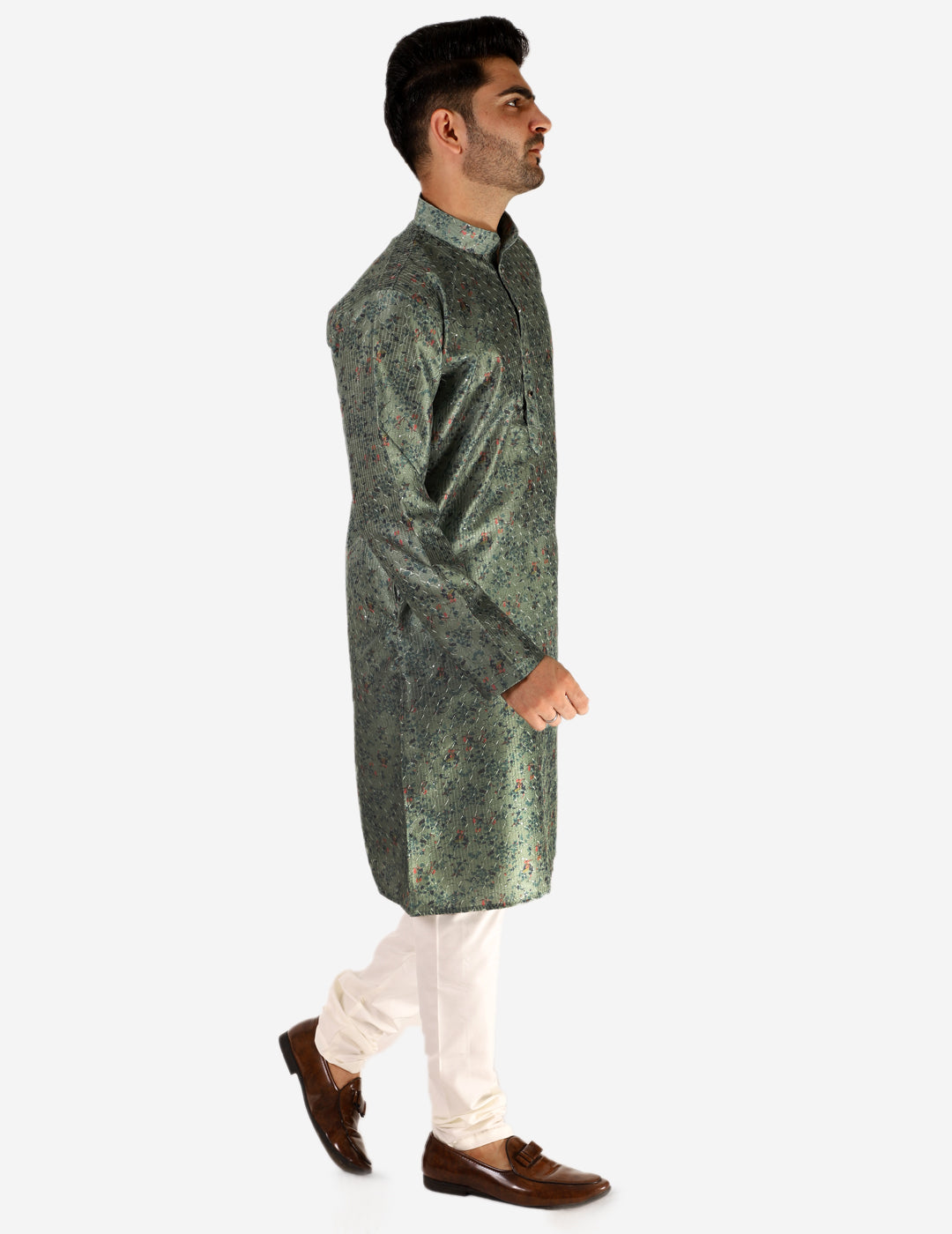 Pro Ethic Men's Kurta Pajama Set Silk - Asymmetrical Style - Green (A-107)