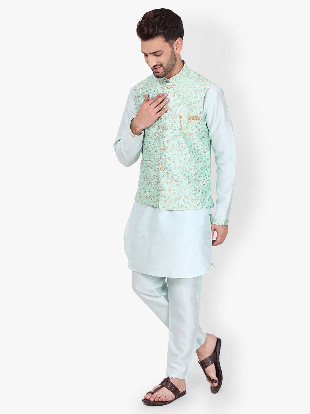 Pro-Ethic Style Developer Silk Kurta Pajama With Jacket For Men | Sky Blue (C-101)