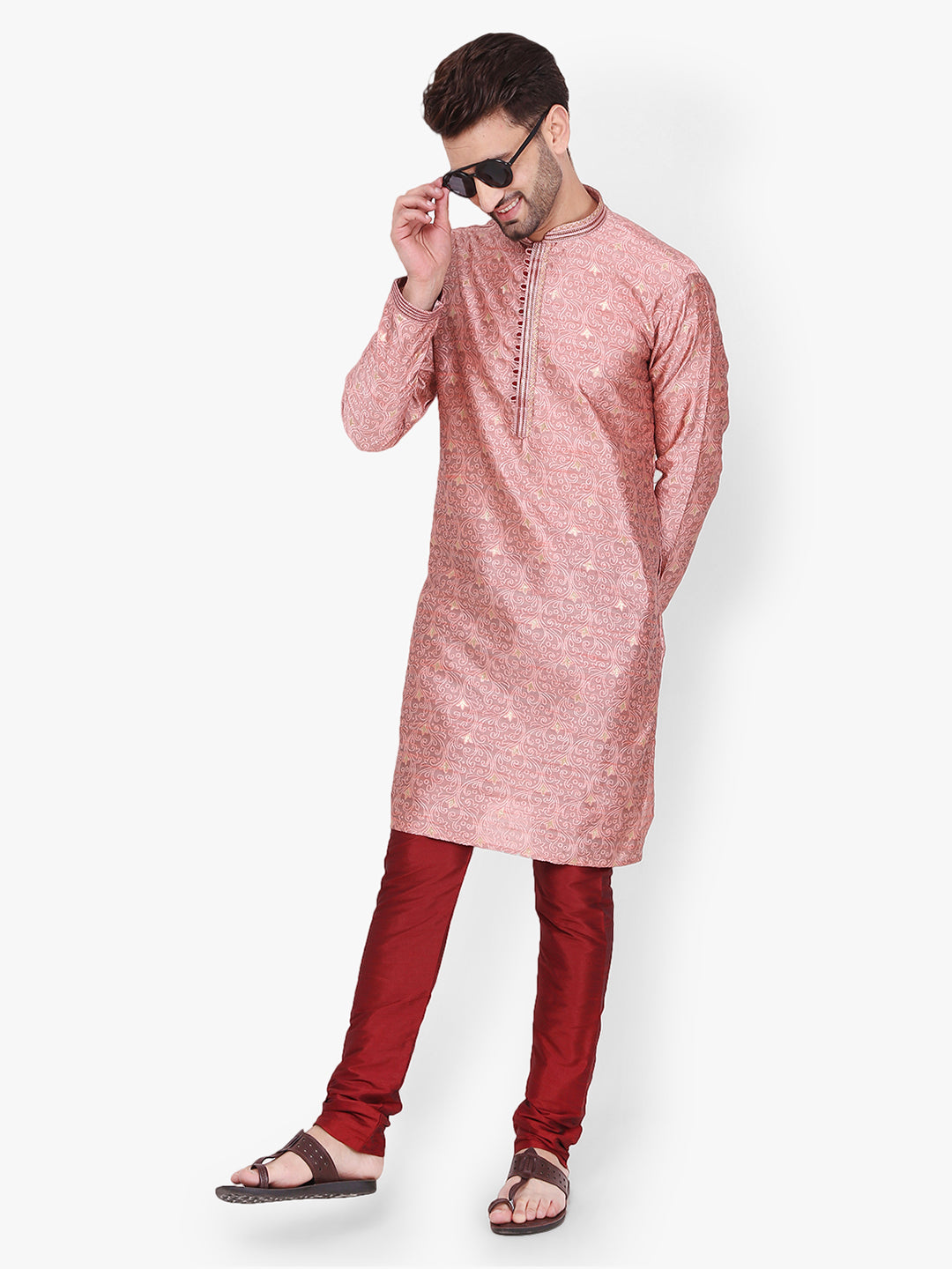 Pro Ethic Men's Kurta pajama set - Mandarin Collar | Silk | Pink | (A-115)