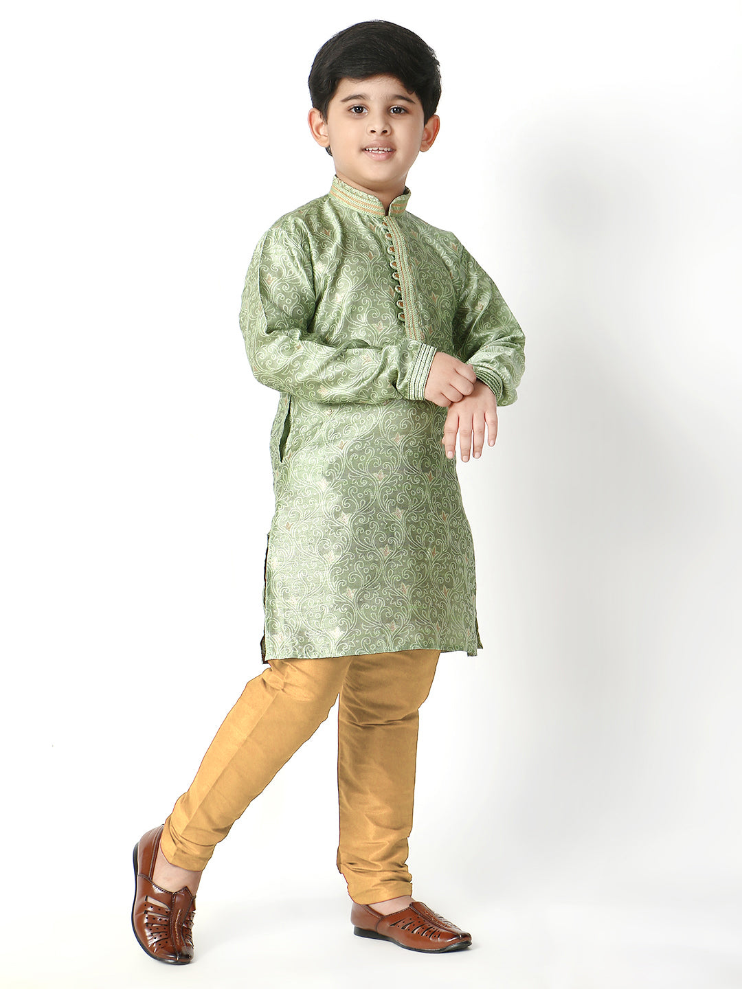 Pro Ethic Silk Kurta Pajama For Boys Green Floral Print S-207