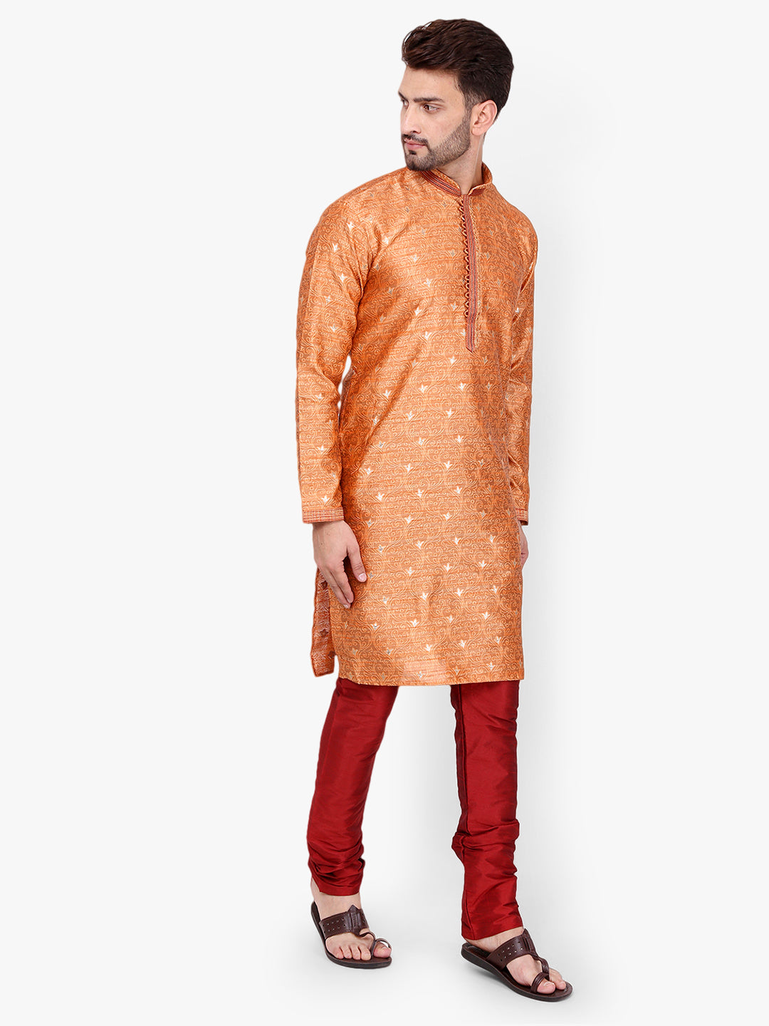 Pro Ethic Men's Kurta pajama set - Mandarin Collar | Silk | Orange | (A-115)