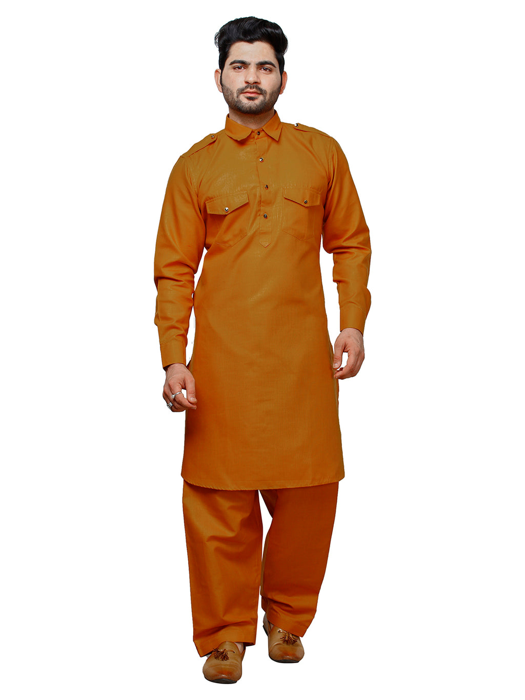 Pro Ethic Men's Pathani Kurta pajama set - Solid | Cotton | Mustard | (A-116)